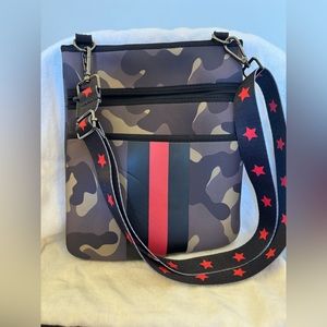 Neoprene Crossbody in Camo, Red, and Black
